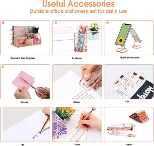 KAAKOW Rose Gold Desk Organizer Set - Stylish Office Supplies with Stapler, Pen Holder & More