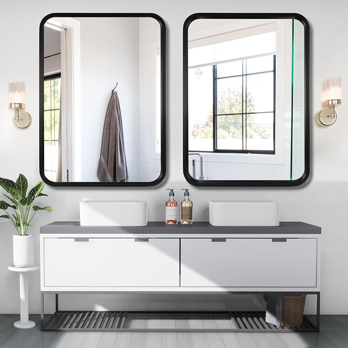 WallBeyond 30x40 Inch Wood Mirror for Bathroom, Wooden Frame Wall Mirror Farmhouse Wall Mounted Rectangle Mirror for Vanity (Horizontal/Vertical Black Color)