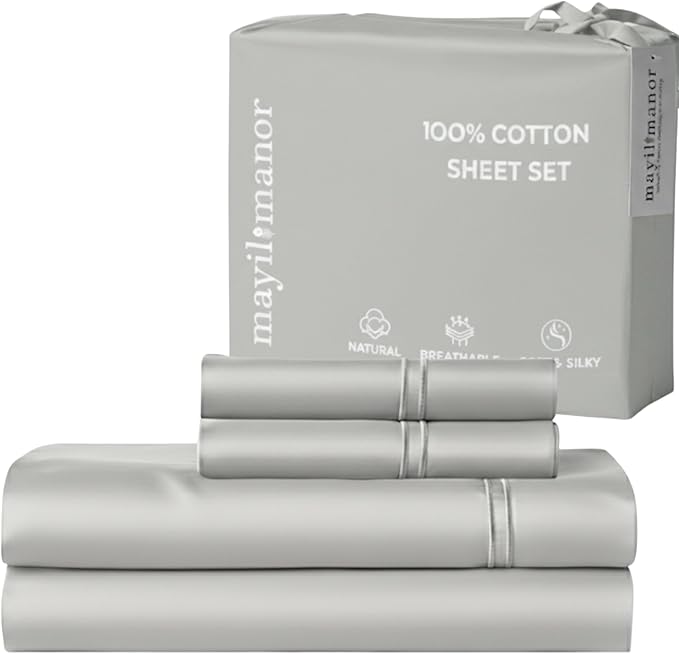100% Natural Cotton Sheets Queen Size Bed Set | 500 TC Single-Ply Sateen Weave | Soft, Breathable, Hypoallergenic Solid 4-Piece Bedding with Deep Pocket Fitted, Flat, Pillowcase | Grey
