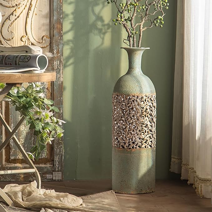 26.4" French Country Tall Metal Floor Vase – Decorative Green & White Geometric Cylinder Vase for Living Room, Entryway, or Hallway, Romantic Rustic Accent for Dried Flowers