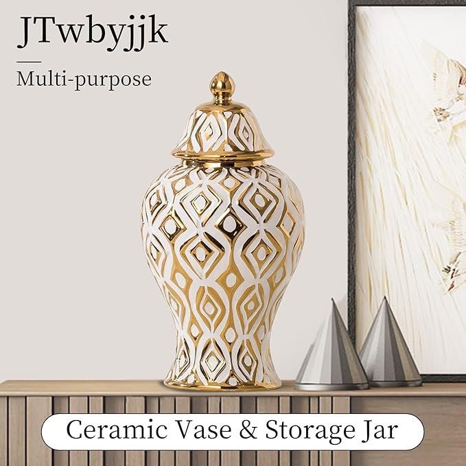 White and Gold Vase with Lid, Ginger Jars for Home Decor, Ceramic Flower Vase for Home, Kitchen, Bookshelf Decor, Storage jar, Table Center Vase, Centerpieces Jarrones(12.59in)