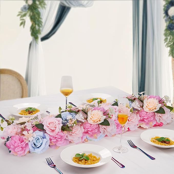 Flower Centerpieces for Tables - 2 Pack Wedding Arch Artificial Flowers Blue&Pink Arrangements Center Piece for Reception, Living Room, Kitchen, Dining Table Runner Decorations(20.5 * 9.4''/52 * 24cm)
