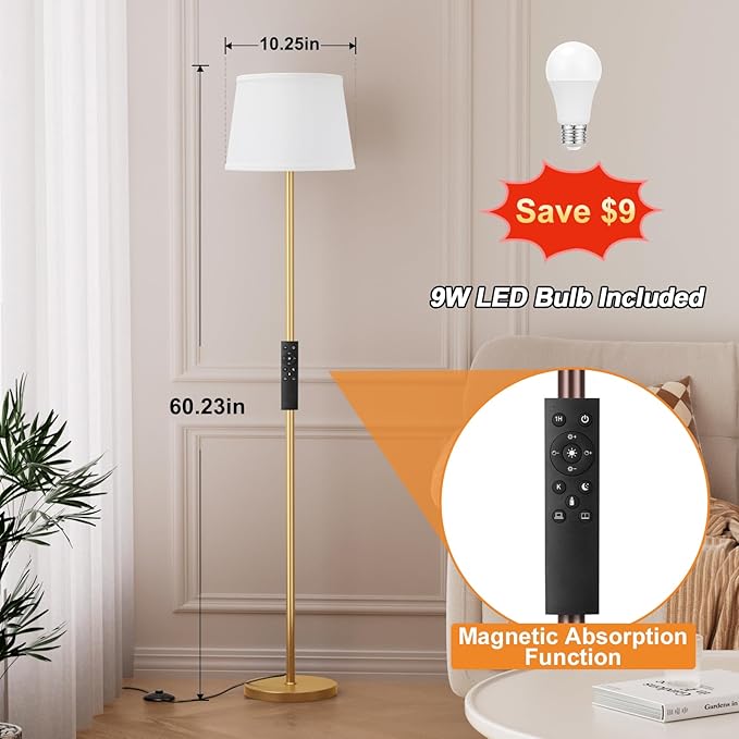 Raexpectis Floor Lamps for Living Room - Modern Gold Floor Lamp with Remote Control, Dimmable Colors Temperature Standing Lamp with LED Bulbs, Tall Lamp for Bedroom Office Kid Room - Brass Gold