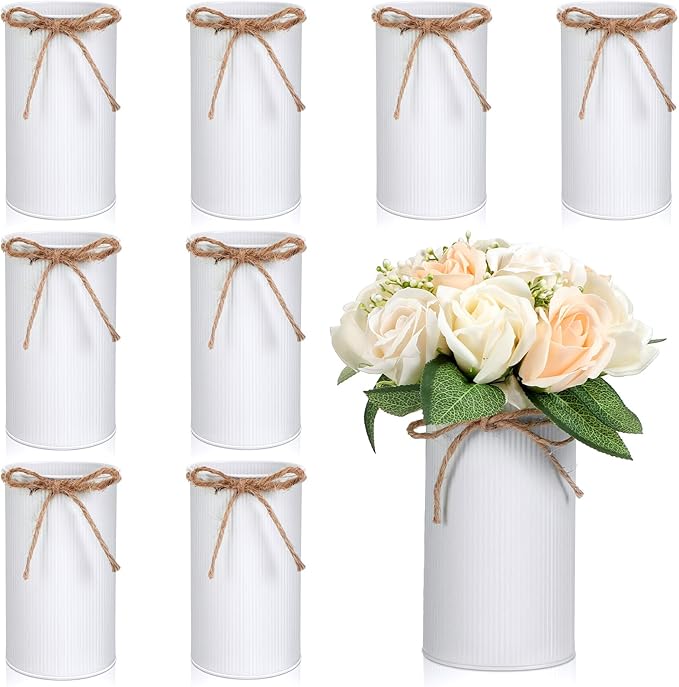 Domensi 5.91 in High Farmhouse Vase Decor Galvanized Metal Flower Vase with Twine Bow Vintage Rustic Tin Flower Buckets for Artificial Floral Table Container DIY(White,8 Pcs)