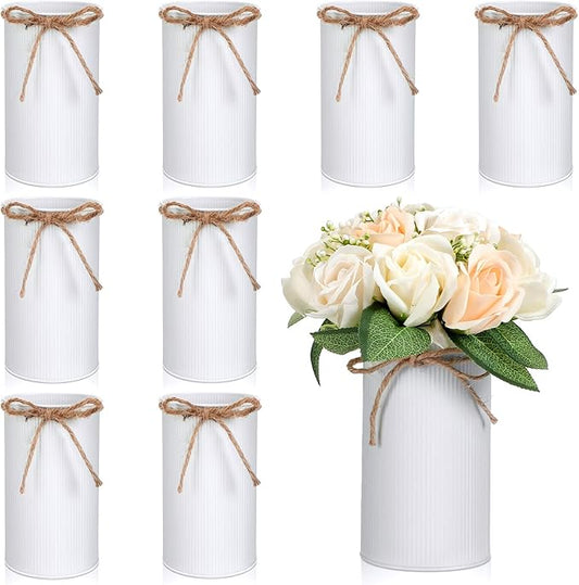 Domensi 5.91 in High Farmhouse Vase Decor Galvanized Metal Flower Vase with Twine Bow Vintage Rustic Tin Flower Buckets for Artificial Floral Table Container DIY(White,8 Pcs)
