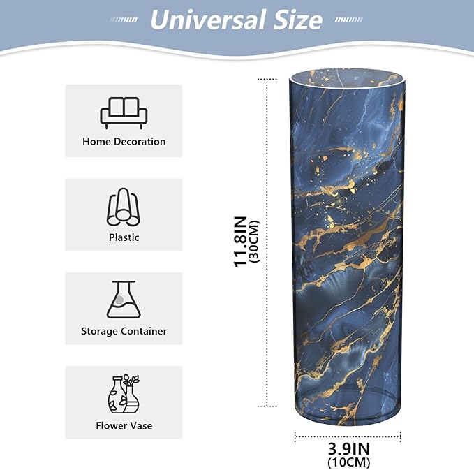 Marble Texture Natural Luxury Navy Blue Gold Color Plastic Vase 11.8 x 3.9 Inch Large Flower Vases Clear Flower Vases for Bouquet Indoor Bedroom Dining Room Decor