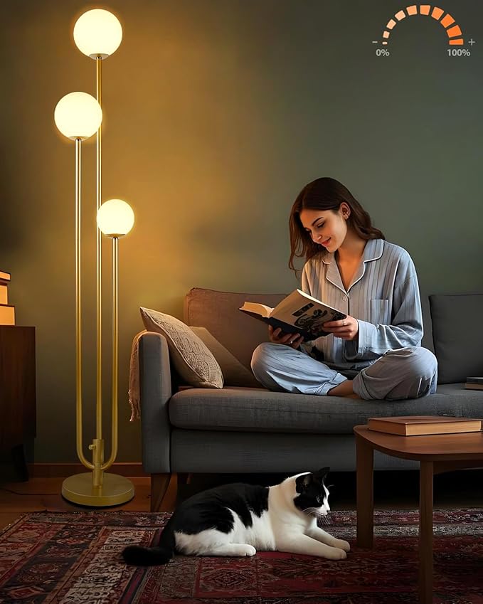 63IN 3-Light Dimmable Floor Lamp, Unique Gold Tall Standing Lamps with 3000K G9 Bulbs for Reading, Mid Century Modern Floor Lamp with 5Lbs Heavy Base for Living Room Bedroom Home Office