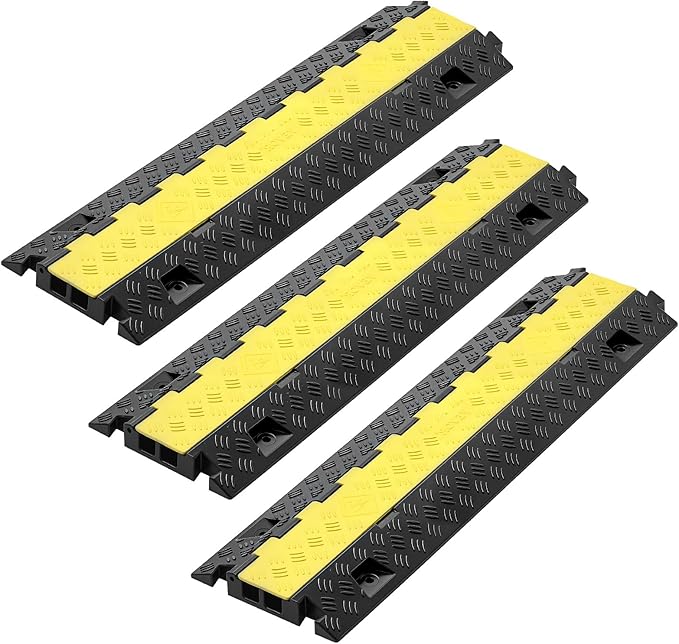 VEVOR 3 PCs Rubber Cable Protector Ramp, 2 Channel Heavy Duty TPU Floor Cord Hose Wire Cover, 1.2'' W x 1.1'' H Channel Size, Traffic Speed Bump with Flip-Open Top Cover, for Indoor Outdoor Use