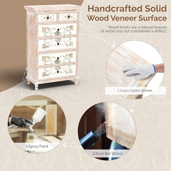 VINGLI Dresser Wood Chest of Drawers for Bedroom, Tall Dresser 6 Drawer Chest Boho, Wooden Dressers with Drawers and Solid Wood Legs, Rustic Washed White