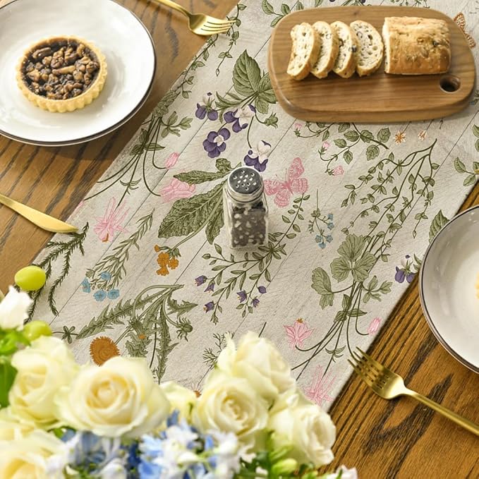 Artoid Mode Wood Wild Flowers Floral Spring Table Runner, Seasonal Summer Kitchen Dining Table Decoration for Home Party Decor 13x120 Inch