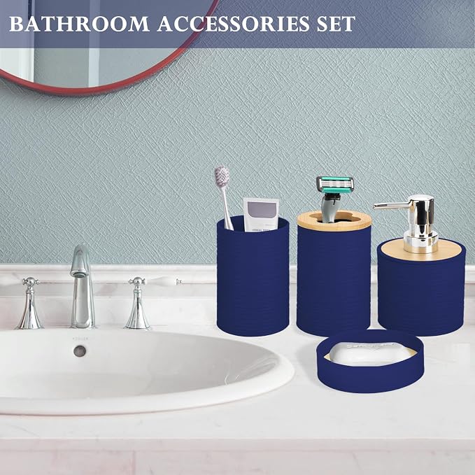 4 Pieces Bamboo Bathroom Accessories Set, Bathroom Accessory Set with Soap Dispenser and Toothbrush Holder, Soap Dish and Toothbrush Cup, Boho Bathroom Décor(Navy Blue)