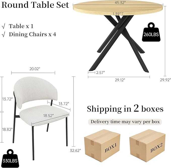 HIPIHOM 45.3 Inch Round Dining Table Set for 4, Mid Century Modern Small Coffee Set for Dining Room Kitchen Apartment (Cream Table + 4 White Shell Chairs)