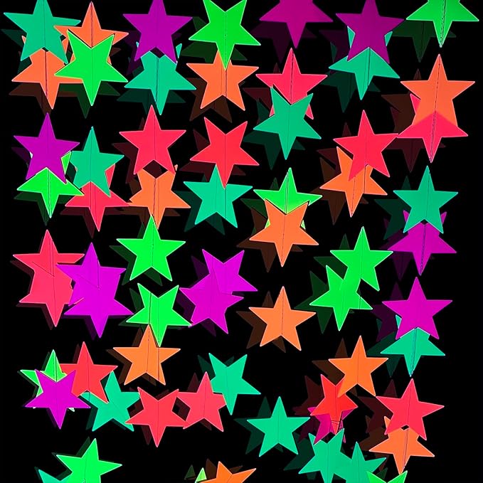 110feet UV Star Paper Neon Garland Streamers Black Light Decorations for Dark Glow Party UV Reactive Party Favors Glow in The Dark Supplies Wedding Birthday Banners