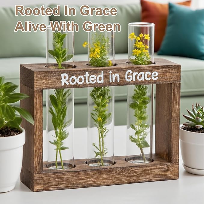 Rooted in Grace Propagation Station – Wooden Plant Holder with 3 Glass Vases, Indoor Rooting Station for Cuttings, Christian-Inspired Gift for Women, Birthday, Housewarming, Plant Lover Décor