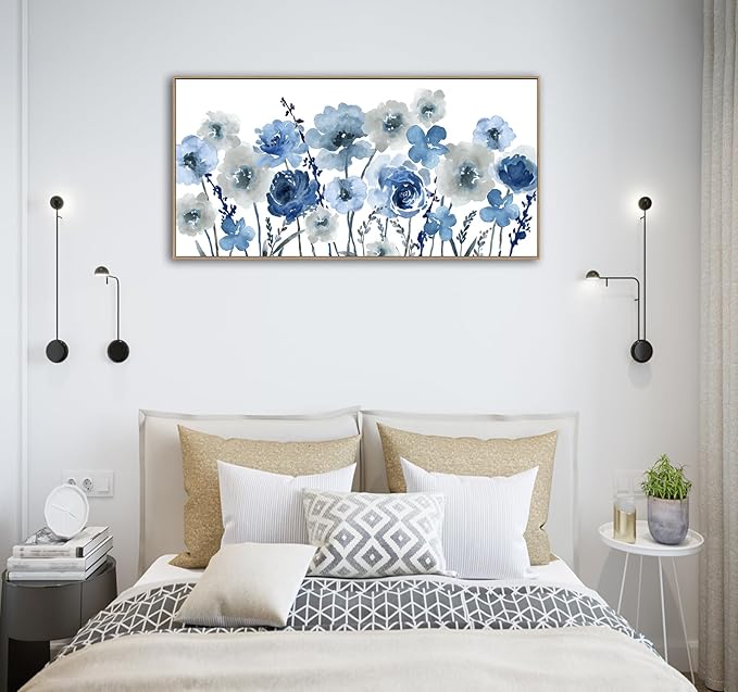 Framed Flowers Canvas Wall Art - Indigo Floral Canvas Pictures Living Room Wall Decor Botanical Canvas Prints Painting Abstract Artwork Bedroom Office Home Decor 20"x 40"