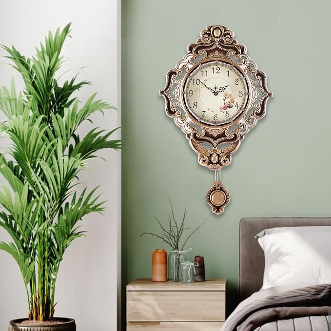 Aero Snail Retro Wall Clock with Pendulum, European Victoria Mid Century Style, Battery Operated Large Metal Silent Clock for Living Bedroom Wall Vintage Decor - Brown