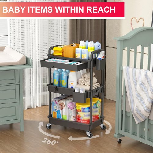Goovilla 3-Tier Rolling Utility Cart - Sturdy Black Organizer with Removable Drawer & Lockable Wheels for Kitchen, Bathroom, Craft, and Baby Essentials