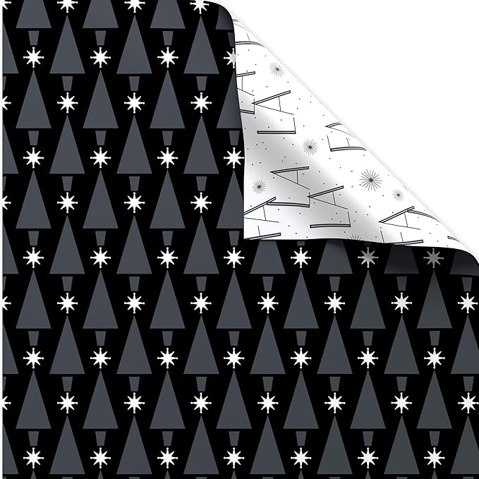 American Greetings Reversible Modern Black Christmas Wrapping Paper Roll, White, Silver, and Black Holiday Gift Wrap (60 sq. ft., 1 Standard Roll Wrap-30 in. x 24 ft.) Fa La La and Trees