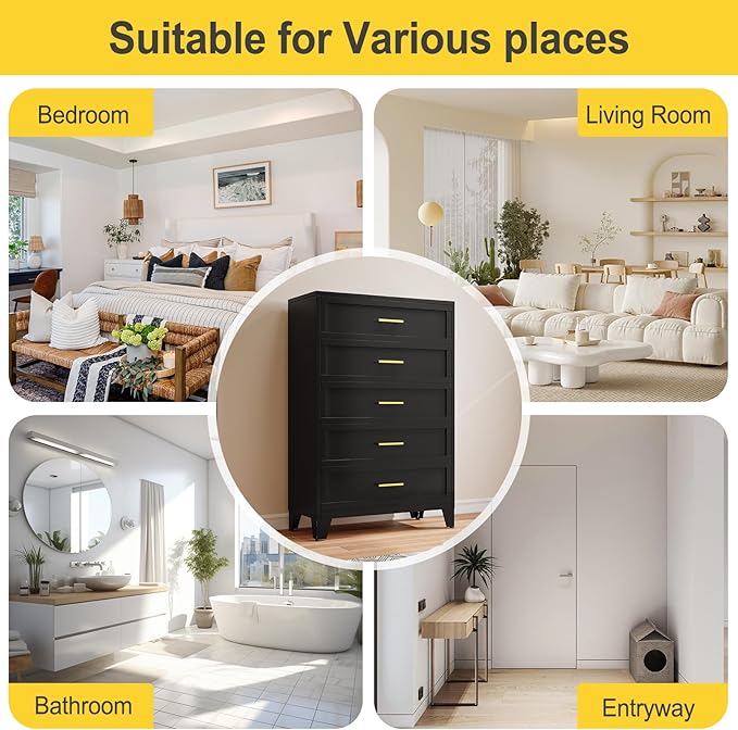 53.54" Tall Metal Dresser for Bedroom, 5 Drawer Black Closet Dressers Chests, Modern Storage Organizer Unit, Large Storage Space Drawer Storage Cabinet for Living Room, Entryway, Hallway