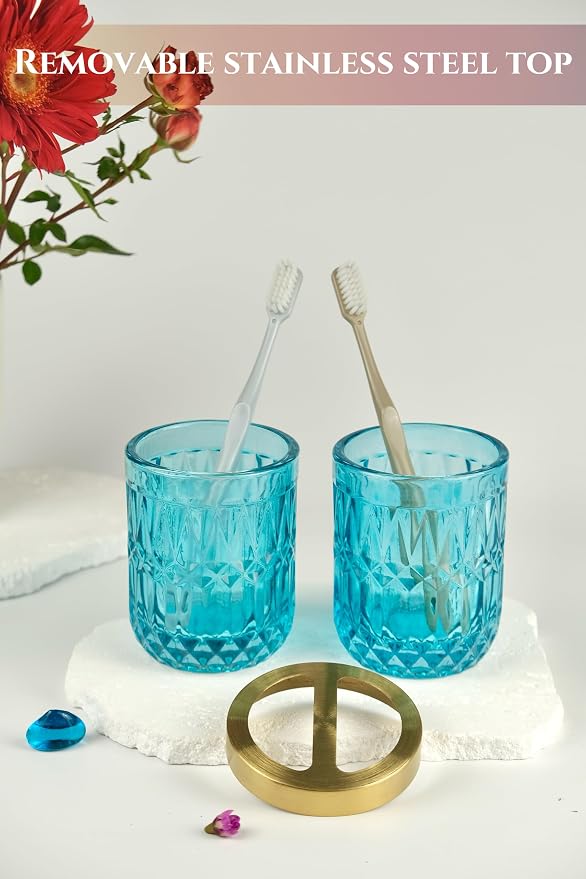 LaMarriti Teal Blue Bathroom Accessories Set, 5Pcs Clear Glass Bathroom Set, Hand Soap Dispenser Set, Soap Dish, Toothbrush Holder, Tumbler, Q-Tips Holder for Crystal Vantage Bathroom Decor