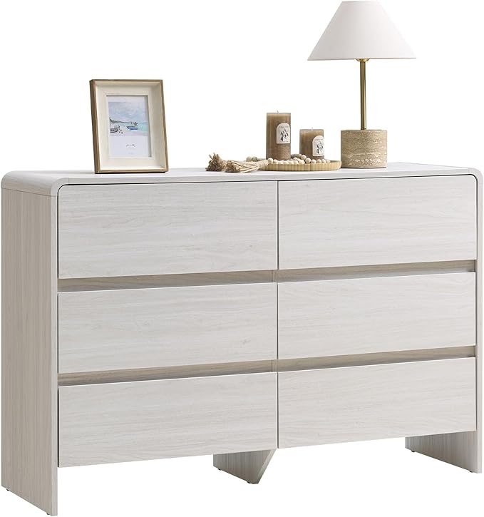 AMERLIFE 6 Drawer Dresser for Bedroom, 49" Wide Modern Chest of Storage Drawers with Rounded Corners, Anti-Tip Kit, Wood Cabinet Organizer for Closet, Living Room, Nursery, Easy Assembly, White
