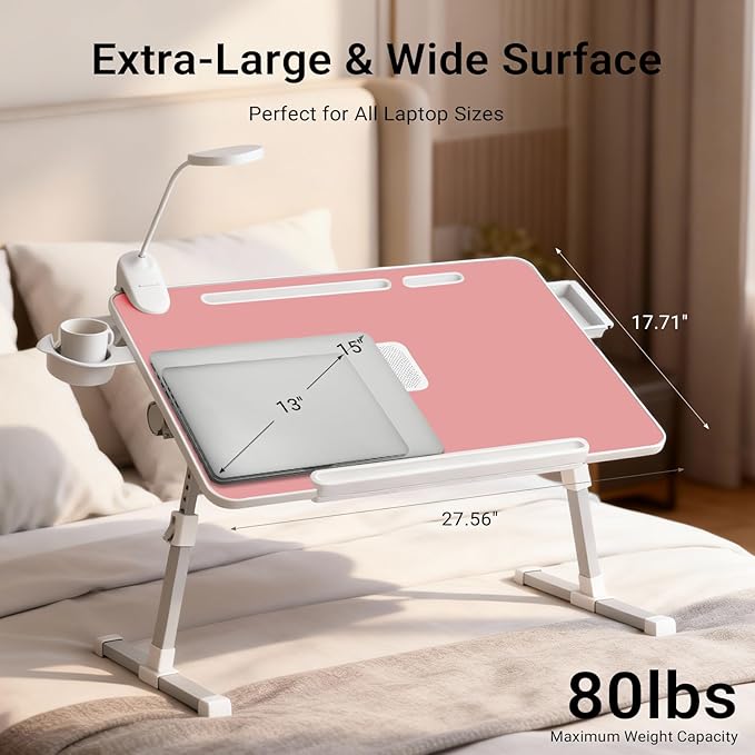 iXTRA Laptop Lap Desk with Cooling Fan - Adjustable Bed Desk with Light, Bed Table with Cup Holder&Phone Holder - Storage Drawer Desk - Folding Bed Desk,Pink,70x45cm