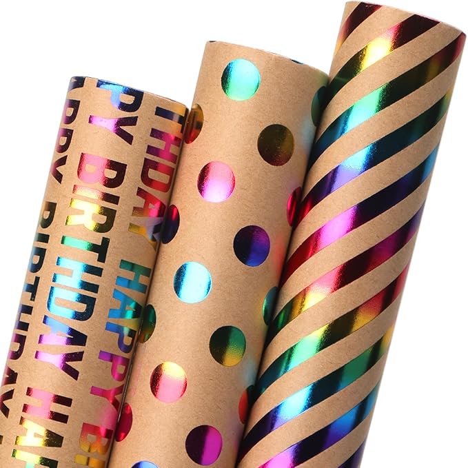 Ribbli Birthday Kraft Wrapping Paper Iridescent Gift Wrapping Paper Mini Roll, 3 Rolls Happy Birthday Polka Dots Stripes Printed Assortment - 17 inch x 120 inch(10feet) Per Roll