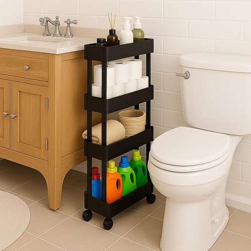 ShellKingdom 4-Tier Slim Rolling Bathroom Storage Organizer - Mobile Shelving Unit with Lockable Wheels (Black)