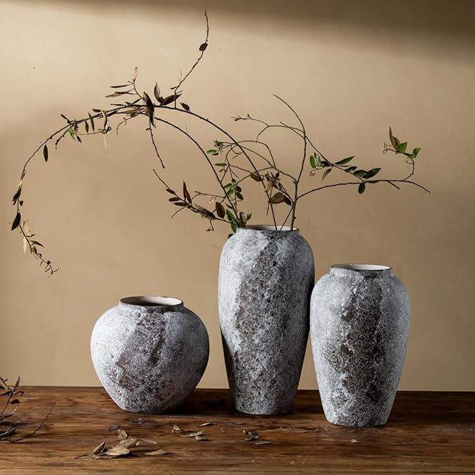 Rustic Distressed Large Ceramic Vase, 8.6 inch Terracotta Pottery Tall Decorative Vases, Concrete Vases Clay Stone Antique Big Vase for Home Decor (Round 8.6 in X 8 in)