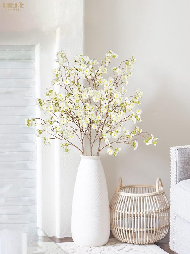 Uieke 3PCS Artificial Cherry Blossom Flowers, 40.5in Silk Cherry Blossom Branches Long Stems Fake White Flowers Arrangements for Wedding Home Japanese Sakura Room Decor