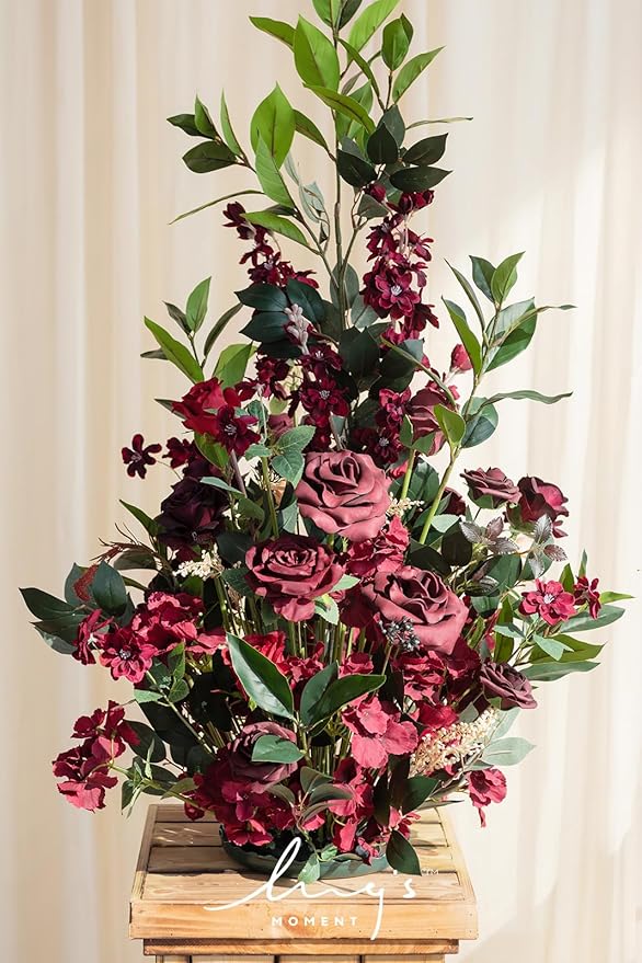 Ling's moment 41" Tall Fall Free Standing Artificial Flowers Arrangements 2pcs Wedding Aisle Runner Chair Decoration Fake Bordeaux Red for Arch Entryway Ceremony Reception Church Rose Floral Party