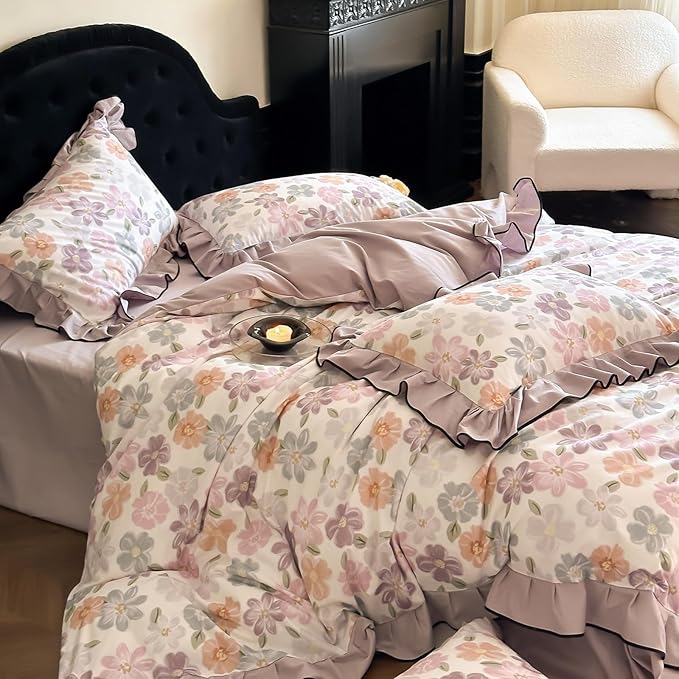 HighBuy Purple Floral Duvet Cover Twin XL Ruffle Lace Design,Premium Brushed Cotton Coquette Rose Floral Comforter Cover Set for College,Farmhouse Bedding Set with 2 Pillowcases