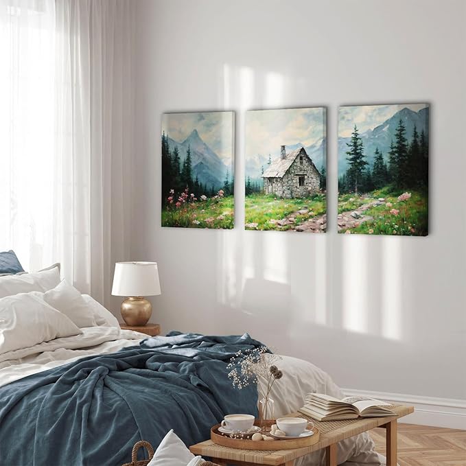 SERIMINO Nature Landscape Canvas Wall Art for Living Room, Forest Mountain Canvas Prints Paintings Room Decor, Cottage Meadow Wildflower Modern Farmhouse Wall Decor Set of 3, 16"X24"