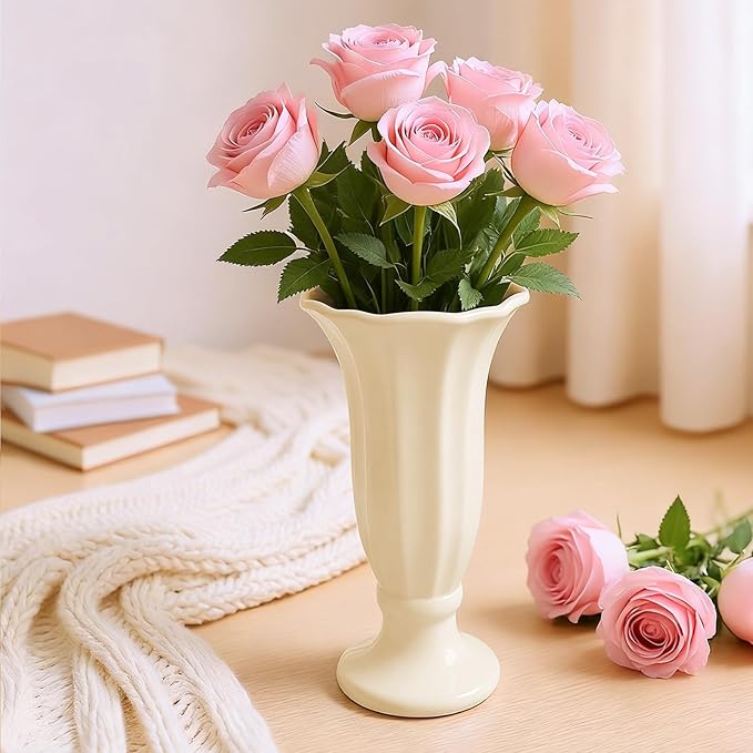 10 Inch Minimalist Fluted Ceramic Vase for Flowers, Farmhouse Cream White Flower Vase with Pedestal Base, Tall Decorative Vases for Home Decor, Living Room, Dining Table, Centerpiece, Wedding