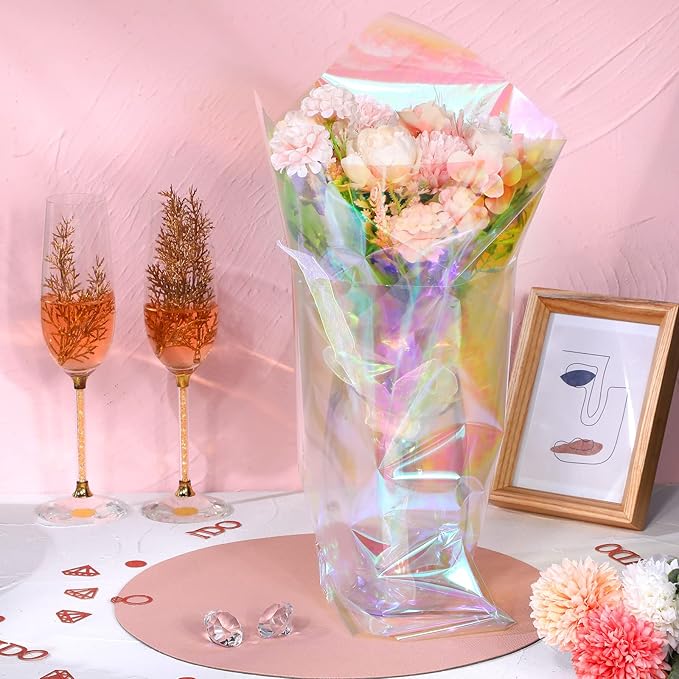 Marspark 39 x 138 Inch Iridescent Cellophane Wrap for Gift Baskets and 32.8 Feet Bendable Pink Aluminum Wire, Pink Iridescent Film Paper Holographic 11.5 Feet Wrapping Paper for DIY Crafts Treats