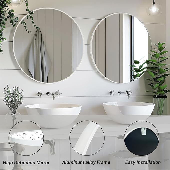 Sunniry White Round Mirror 30 inch, Large Round Mirror, Bathroom Mirror Matte Metal Frame, Circle Mirrors for Living Room, Bathroom, Wall, Hallway.
