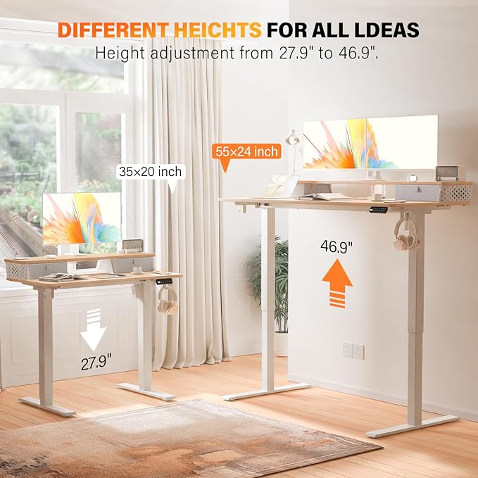 Electric Standing Desk with 2 Drawers 48''x 24'' Adjustable Height Sit to Stand Up Desk with Storage Shelf C-Clamp Mount Compatible Home Office Desks Computer Gaming Table Ergonomic Workstation