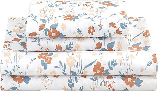 Softan Orange Flower Sheets for King Size Bed Floral Bed Sheets King Printed Sheets - 4 Piece Soft Microfiber Patterned Fitted Sheets King with 15" Deep Pocket