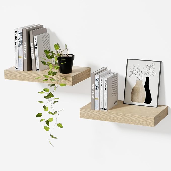 Oak Floating Shelves for Wall Set of 2, 11.8 Inch Small Wood Wall Shelves for Bathroom Over Toilet, Kitchen & Bedroom Storage, Wall Mounted Shelves for Spice Jars, Plants & Decor