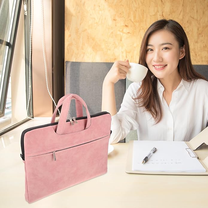 TOBBOMEY Portable Laptop Handbag for Women 15.6 Inch Pink Tablet Shoulder Bag with Adjustable Strap Waterproof Crossbody Computer Bag for Travel and Work
