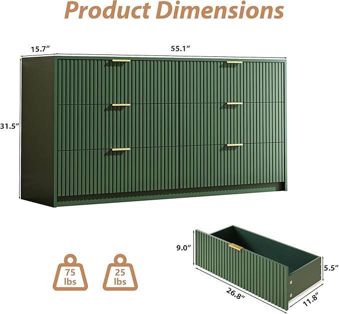 Green 6 Drawer Dresser for Bedroom, 55" Wide Modern Chest of Drawers with Gold Metal Handles, Fluted Wood TV Stand for Living Room, Hallway