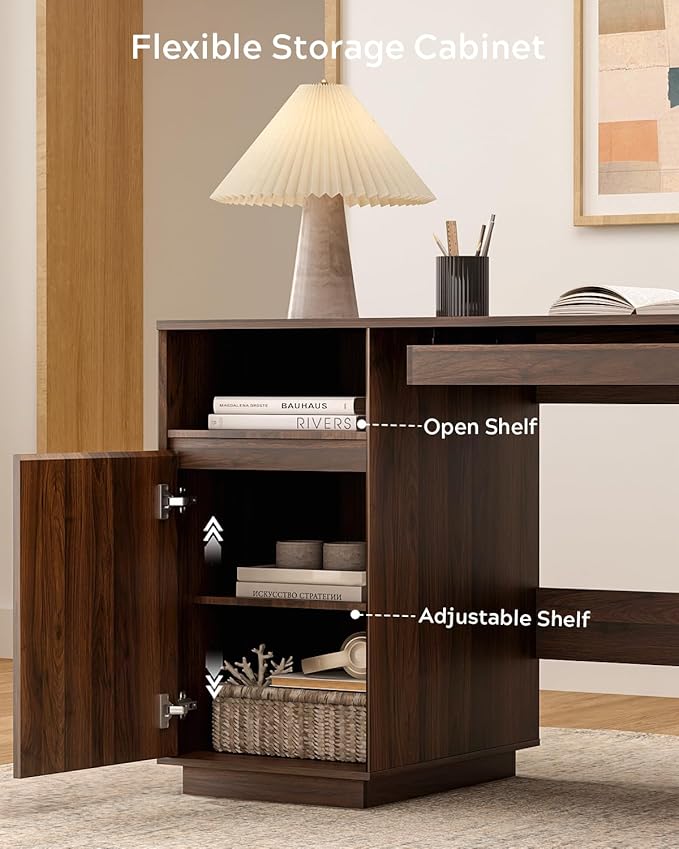 59" Office Desk, Farmhouse Wide Home Executive Desk with File Drawer & Open Storage & Power Outlet, Wooden Computer Desk for Study Writing, Brown