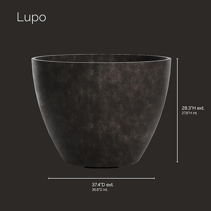 Lupo Tapered Planter – Brown Stone Finish – Fiberglass Indoor/Outdoor and Weather-Resistant Large Planter (37.4" D x 28.3" H Exterior, 35.8" D x 27.8" H Interior)