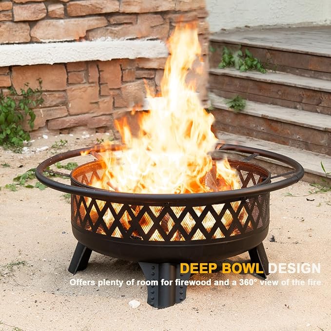 Panovue 38 Inch Wood Burning Fire Pit for Outside, Round Firepit with Grill & Metal Lid, Metal Outdoor Fire Pit Table for Patio Backyard Garden Bonfire Party