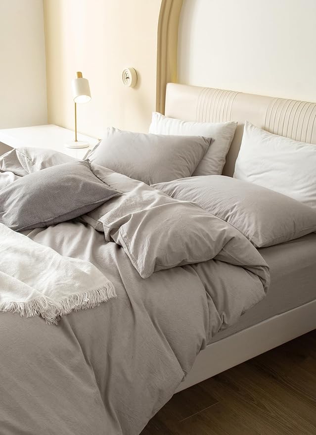 JIYUAN 100% Washed Cotton Duvet Cover Set 3 Pieces Queen, 1 Duvet Cover 90x90 Inches(Comforter Not Included) and 2 Pillowcases,Linen Feel Bedding Set Comfy and Breathable, Heathered Cream Grey