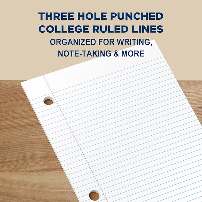 Woodlake Loose Leaf Paper, College Ruled Notebook Paper, 8 x 10.5”, 150 Sheets per Pack, 3 Pack Bulk Lined Filler Paper, 3 Hole Punched, 60gsm, Made in USA