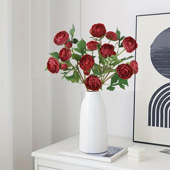 3PCS 18 Heads Silk Burgundy Ranunculus Artificial Flowers Faux Peonies Flowers Look Real Ranunculus Stems for Centerpieces Arrangements Wedding Party Home Decoration(Burgundy)