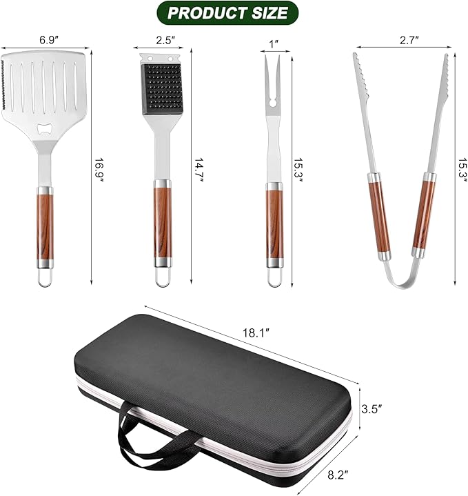 YJHOLE Grilling Accessories Set Large Spatula Fork Cleaning Brush Food Tongs Durable Stainless Steel BBQ Grill Tools with Extra Thick Storage Case BBQ Accessories Grill Set