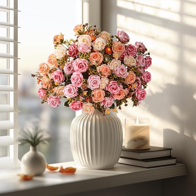 Artificial Rose Flowers for Outdoor 4 Bundles Rose Bouquet with Daisy Faux Flowers UV Resistant for Home Indoor Outside Garden Porch Window Box Balcony Yard Porch Fall Decor (Pink+Orange)