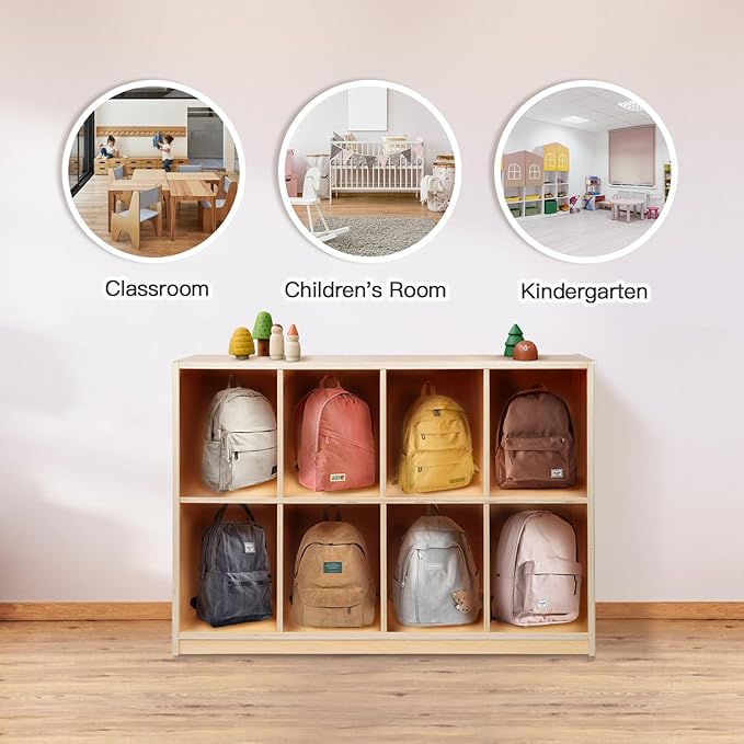 OOOK 8-Compartment Backpack Wooden Storage Cabinet - Kids Toy Storage Organizer - Bookshelf for Classroom, Playroom, Kindergarten, Living Room, Office